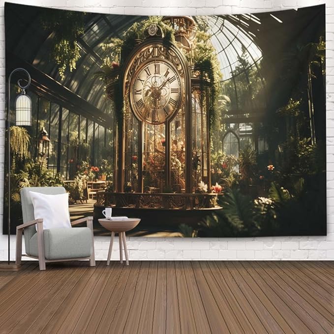 EMMTEEY Gothic Garden Bedroom Tapestry 60X40 Inch - Flowers Vintage Clock Room Wall Decor Medieval Forest Backdrop for Dorm Classroom