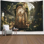EMMTEEY Gothic Garden Funny Tapestry 92.5X70.9 Inch - Flowers Vintage Clock Home Wall Decor Medieval Forest Backdrop for Dorm Classroom