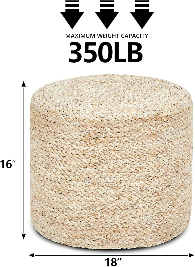 Wimarsbon 2Pcs Pouf Ottomans, Natural Seagrass Foot Stool, Hand Weaving Round Ottoman, Boho Decorative Seat, Jute Braided Pouffe Poof Accent Sitting Footrest for Living Room (18inch Corn Shell)