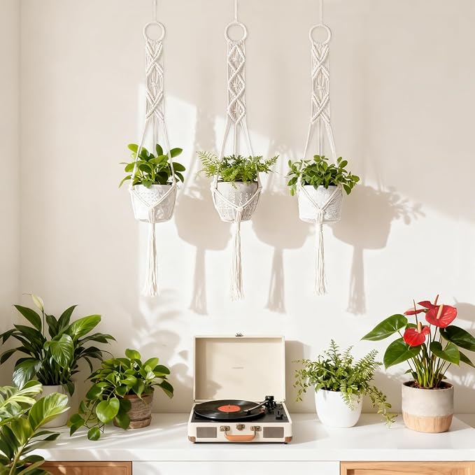 Mkono 3 Pack 39 Inch Macrame Plant Hangers Indoor Wall Hanging Planter Basket Flower Pot Holder Boho Home Decor, Ivory