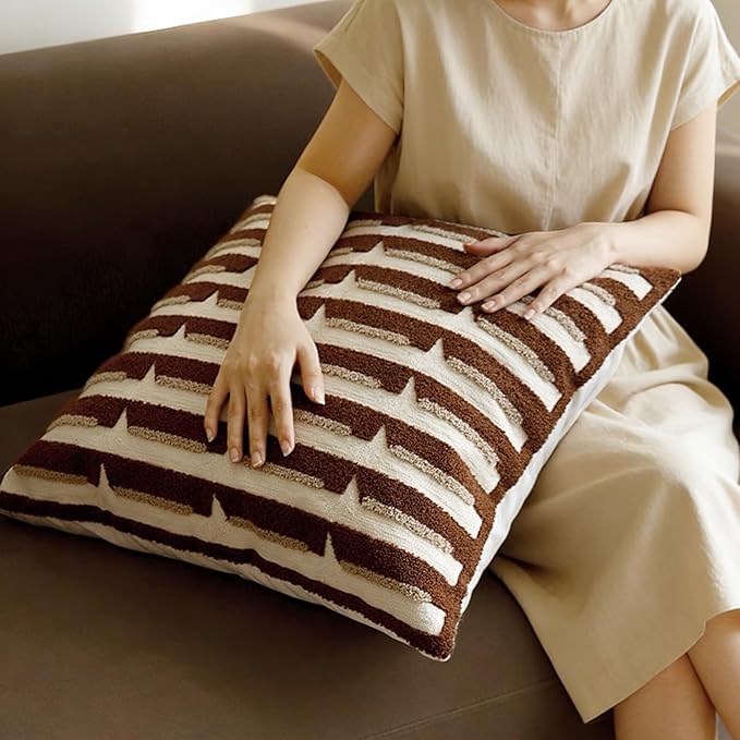 20"x20" Brown Cream Stripe Tufted Pillow Covers Luxury Geometric Accent Pillows Soft Woven Decorative Pillow Cases for Couch, Sofa, Bedroom Décor (Caramel, 20"×20")