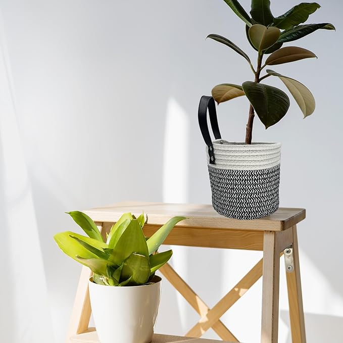 Cotton Rope Hanging Baskets for Organizing 2 Pcs Round Small Wall Basket with Handles Woven Organizer Storage Basket for Kitchen Bedroom Living Room Office(6”x6”, Black & White)