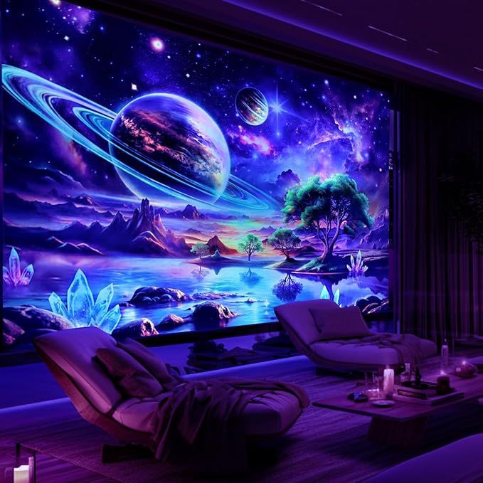Lahasbja Blacklight Galaxy Space Tapestry UV Reactive Planet Wall Hanging Magical Trees Tapestries Cosmic Mountain Landscape Wall Decor Aesthetic Starry Night Backdrop for Bedroom