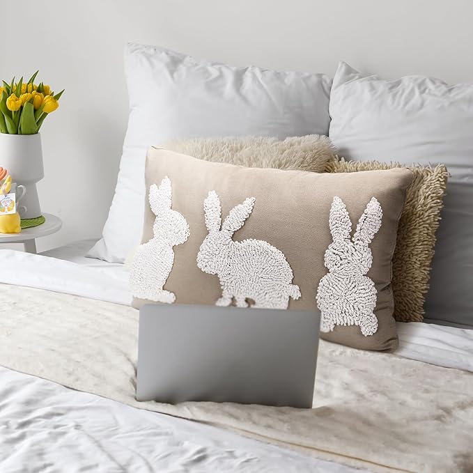 Mixweer Easter Pillow Covers 12 x 20 Inch Bunny Pillow Covers Neutral Easter Bunny Decor Neutral Tufted Embroidery Decorative for Home Living Room Bed Decor