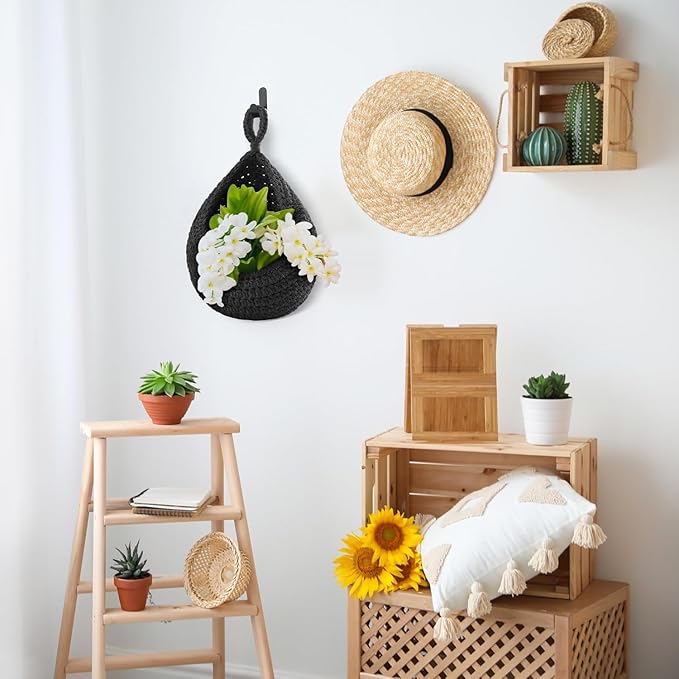 Honeydak Boho Decor Hanging Wall Baskets for Kitchen 3 Pack Teardrop Baskets with Hooks Storage Fruit Onion Vegetable Potato for Home 3 Sizes(Black,Teardrop,Cotton Rope)
