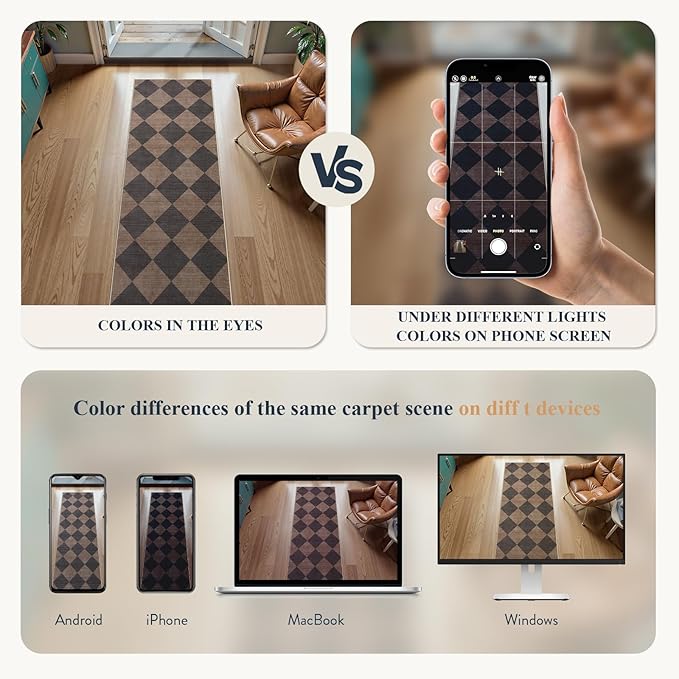 Beeiva Checkered Print Entry Rug 3x5, Non Slip Washable Kitchen Rug 3x5 Stain Resistant Ultra Thin Bathroom Decor, Neutral Geometric Carpet for Bedroom Living Room Office (Brown/Black)