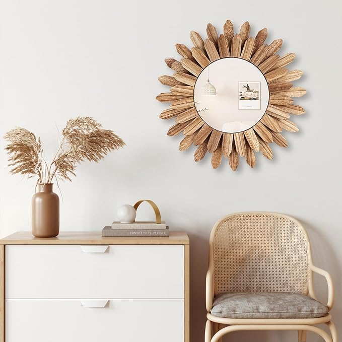 12 Inch Wall Mirror, Boho Wall Decor, Rustic Wood Mirror, Boho Mirror for Wall Art Bedroom Living Room Bathroom House Warming Gifts New Home(Carbonized Black)