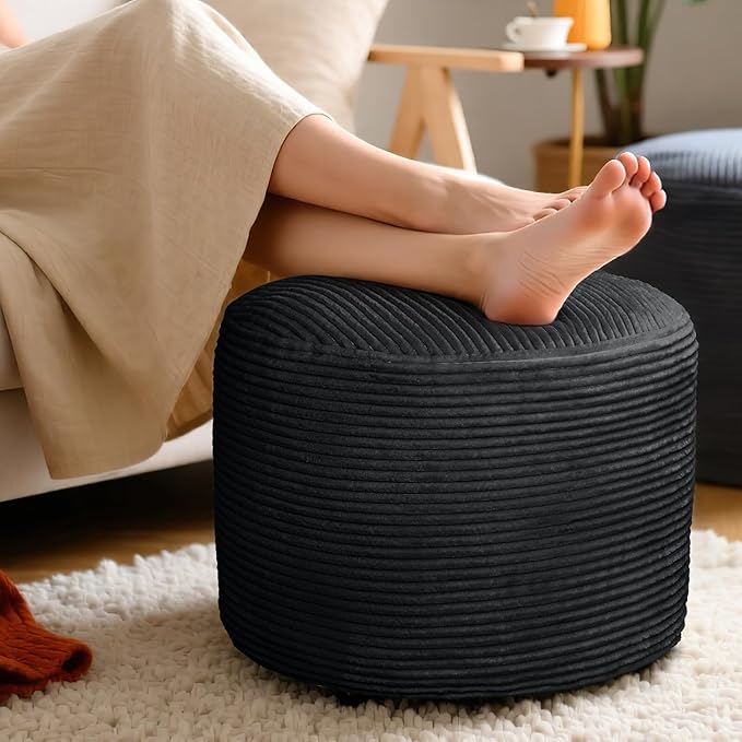 Round Corduroy Ottoman Foot Rest Pouf for Living Room Couch - Soft Plush Shredded Foam Filled Hassock Stool, Comfy Footstool