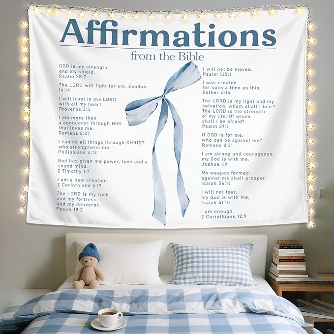 LIANGW Preppy Blue Bow Christian Tapestry, Bible Bow Aesthetic for Girls Bedroom for Dorm Room，Inspirational Christian Tapestries for Women, Faith - Based Blue Room Decor Aesthetic 50x60 inch