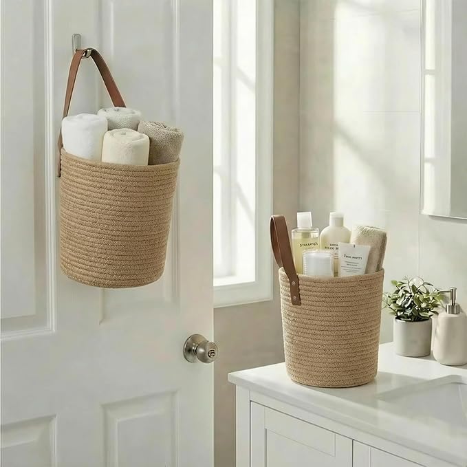 2Pack Natural Jute Hanging Baskets 7 * 8 in, Round Woven Wall Decor & Storage Planter for Plant Decor and Home Organization,Walls Basket for Bedroom, Living Room, Bathroom,Boho Decor (Jute)