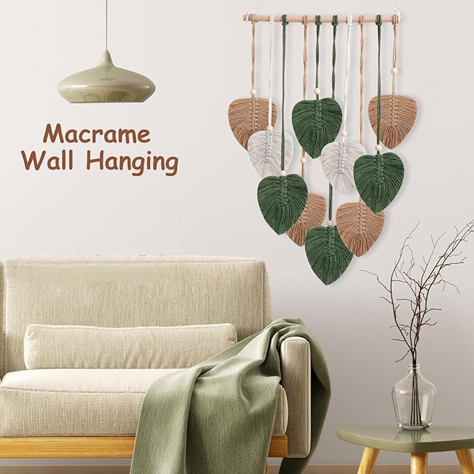 Easemykit Wall Hanging Decor Leaves Tapestry, Boho Macrame Wall Decor Tapestry Woven Feather Handmade Yarn Tassels Leaf Macrame Wall Art Decorations for Living, Bedroom, Office,Nursery,Apartment Room,16x26 Inch(Brown Green)