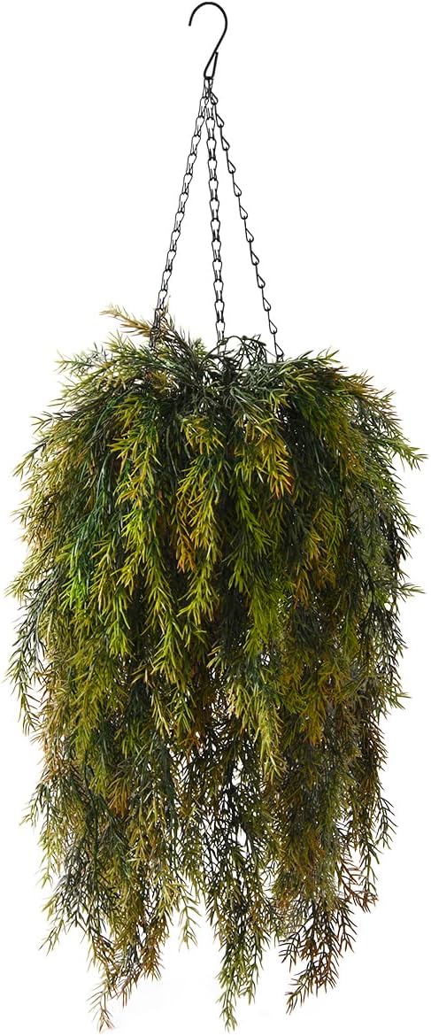 Artificial Faux Hanging Plants Basket for Spring Outdoor Decoration, Fake Seaweed Plant UV Resistant Look Real for Outside Porch Home Patio Balcony Yard(Brownish Green)
