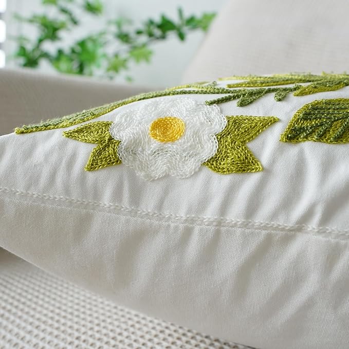 vctops Heart Flower Embroidered Decorative Throw Pillow Cover Spring Summer Floral Square Pillow Cases Cute Cotton Cushion Cover for Couch Sofa Bed (Flower E,18"x18")