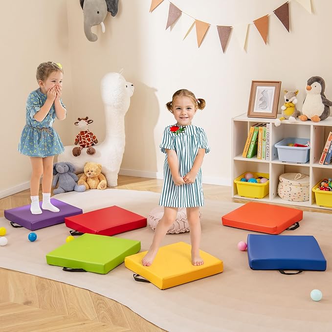 HONEY JOY 6PCS Floor Cushions for Kids, 16" Length Flexible Alternative Portable Classroom Seating with Handles, Easy to Clean, Thick Soft Foam Comfy Square Seats for Daycare Preschool, Colorful