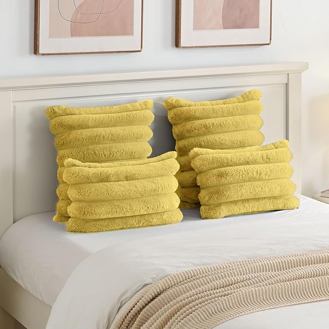 FUTEI Mustard Yellow Decorative Throw Pillow Covers 20x20 Inch Set of 2, Square Soft Faux Rabbit Fur Big Striped Cushion Cover,Home Decor for Couch Sofa Bed Living Room