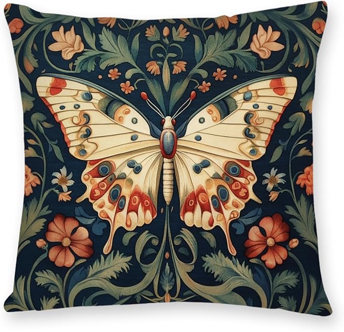 William Morris Abstract Vintage Floral Velvet Butterfly Design Throw Pillow Covers Home Decor, Retro Art Decor Pillowcase Cushion Cover for Bed Sofa Living Room, Square 18x18inch (Beige-Butterfly)