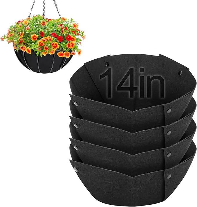 4pcs 14in Thick Felt Hanging Basket Liners - Heavy-Duty 400GSM Non-Woven Fabric Round Planter Liner for Garden Wall Flower Hanging Baskets, Replacement for Coco Fiber Liner