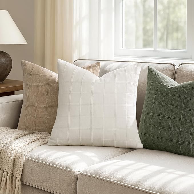 Woaboy Linen Check Throw Pillow Covers Set of 2 - Cream White Farmhouse Modern Boho Vintage Decorative Cushion Covers for Sofa Couch Bedroom Living Room Decor 20x20 Inch