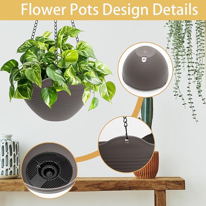 Hanging Planters for Indoor Plants 3 Pack - 7/8/10 Inch Plastic Hanging Pots with Water Sieve Mesh, Small Hanging Pots for Home Garden, Porch, Balcony & Patio Decor, Black
