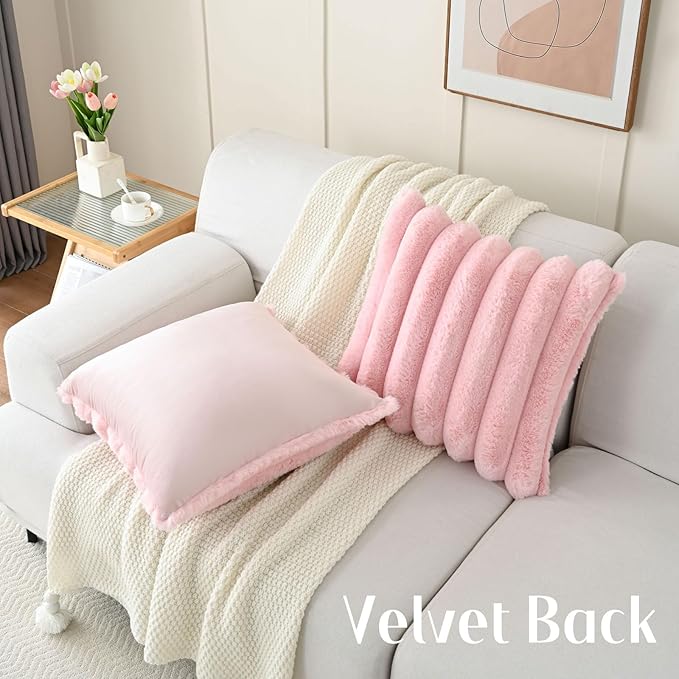 FUTEI Pink Decorative Throw Pillow Covers 22x22 Inch Set of 2, Square Soft Faux Rabbit Fur Thick Striped Cushion Cover,Spring Home Decor for Couch Bed Living Room