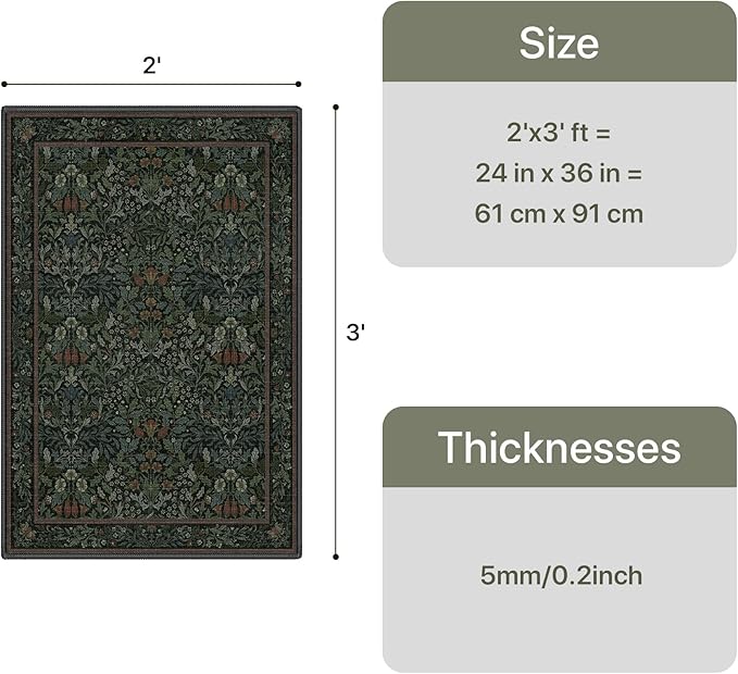 GENIMO 2x3 Washable Small Entryway Rug, Non-Slip Front Door Mat for Kitchen, Bathroom, Laundry, Vintage Boho Floral Thin Indoor Carpet, Dark Green