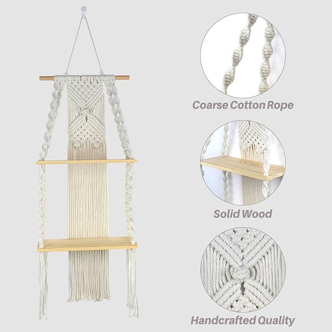 JONKASIPA Macrame Wall Hanging Shelf 2 Tier Boho Wall Plant Hanger Shelves Handmade of Woven Rope Artistic Wall Decorations for Apartments, Dormitories, Living Rooms, Bedrooms, Backdrops