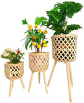 Boho rattan plant stand set of 2/3 – handwoven tall elevated wicker plant baskets for indoor plants, mid-century modern wooden planter holder with tripod legs,no-tool assembly，apartment gardening， farmhouse home decor, ideal gift for houseplant lovers