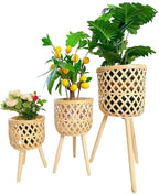 Boho rattan plant stand set of 2/3 – handwoven tall elevated wicker plant baskets for indoor plants, mid-century modern wooden planter holder with tripod legs,no-tool assembly，apartment gardening， farmhouse home decor, ideal gift for houseplant lovers