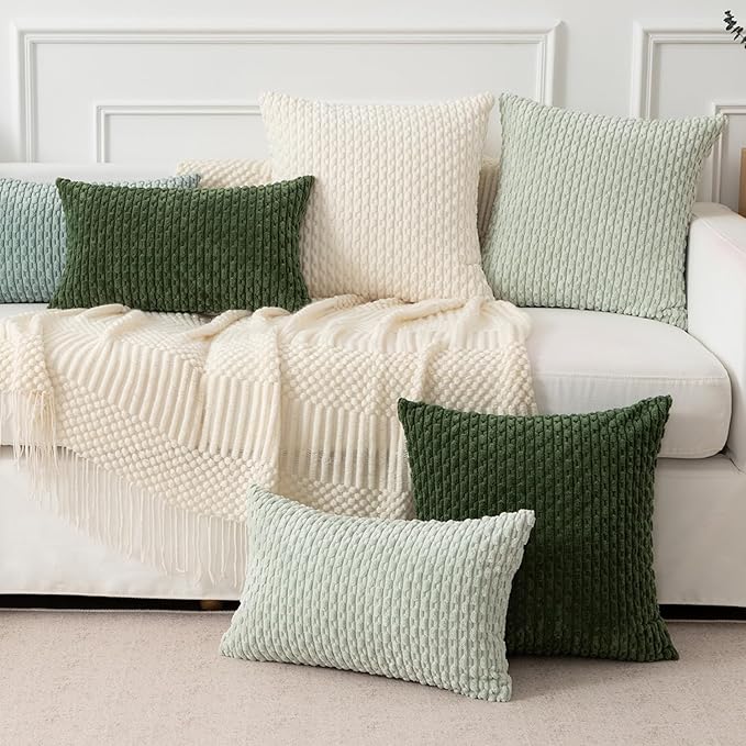 Kevin Textile Spring 14x20 Inch Pillow Cover 1 Pack Boho Decorative Soft Striped Corduroy Lumbar Farmhouse Solid Color Accent Rectangle Cushion Case for Living Room Couch Sofa Bed, Moss Green