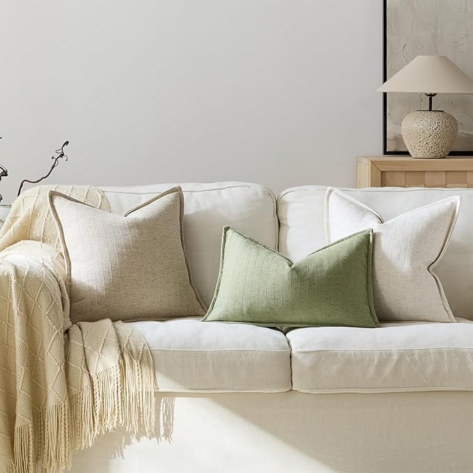 12x20 Linen Pillow Covers Sage Green Pack of 2 Farmhouse Boho Neutral Accents Striped Textured Rectangular Lumbar Decorative Throw Pillow Cases for Living Room Couch Bed Home Decor