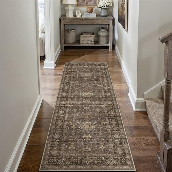 2x5 Washable Runner Rug for Hallway Kitchen Vintage Brown Non Slip Low Pile Carpet Traditional Retro Soft Throw Rug for Bathroom Bedroom Entryway Indoor Entrance