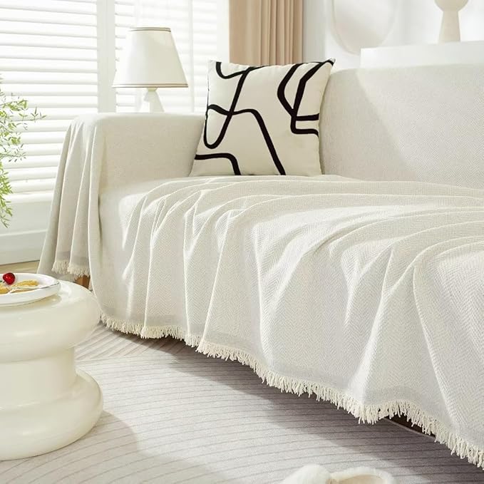 ROOMLIFE Beige Boho Couch Cover Sofa Covers with Tassel Farmhouse Sofa Slipcover Simple Couch Protector for Dogs Chenille Sectional Couch Covers L Shaped Couch Cushion Covers, 71"x 118"