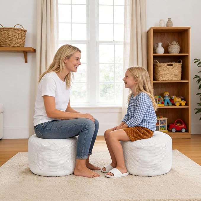 2PCS 20 * 20 * 12inch Unstuffed Ottoman Pouf Cover Unfillable Pouf Cover Foot Rest with Storage Corduroy Round Foot Stool Covers for Living Room Bedroom Home Decor,White