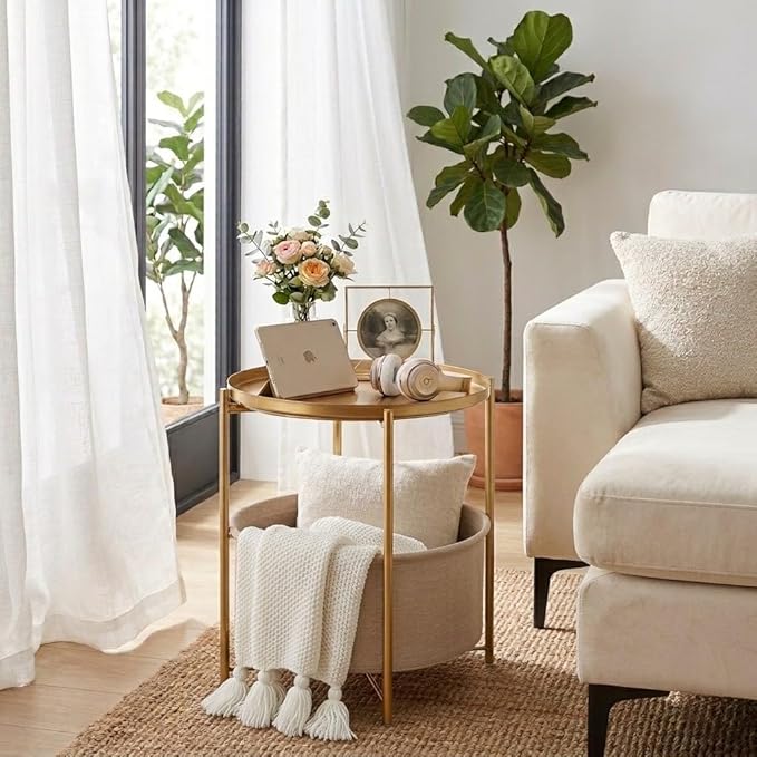 danpinera Round Side Table with Fabric Storage Basket, Metal Side Small Bedside Table Nightstand with Removable Tray Top for Living Room, Bedroom, Nursery, Bathroom, Gold