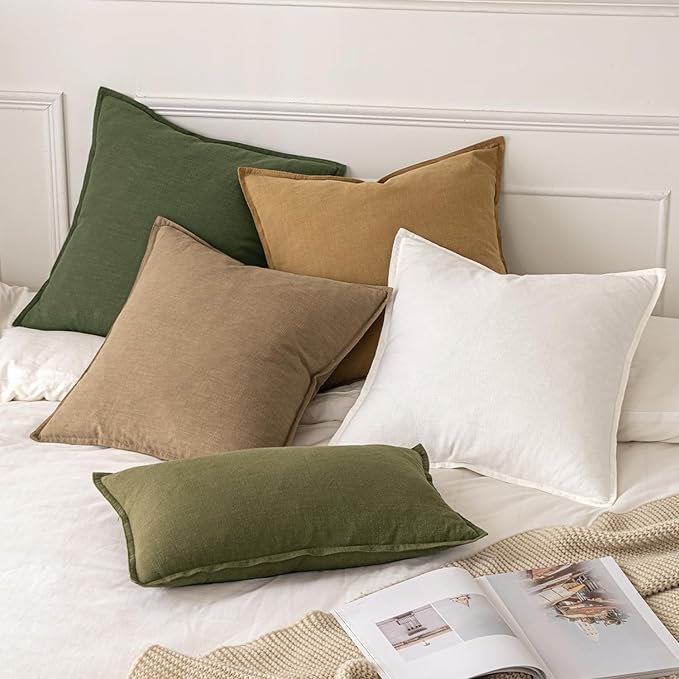 MIULEE Decorative Linen Pillow Covers 20x20 Inch Dark Olive Green Boho Farmhouse Neutral Spring Couch Throw Pillows for Bed Pack of 2 Accent Modern Pillowcase Sofa Livingroom Home Decor