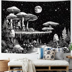 Yuiqear Black and White Mushroom Tapestry Fantasy Plant Floral Tapestries Moon Star Tapestries Starry Sky Tapestry Wall Hanging for Bedroom Decor