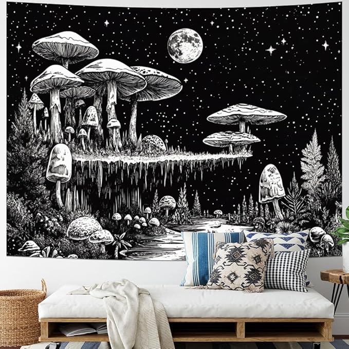 Yuiqear Black and White Mushroom Tapestry Fantasy Plant Floral Tapestries Moon Star Tapestries Starry Sky Tapestry Wall Hanging for Bedroom Decor
