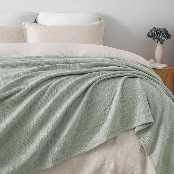 PHF 100% Cotton Muslin Blanket Twin XL Size 66"x90", 4-Layer Lightweight Gauze Throw, Breathable Cloud-Soft Minimalist Blanket for Bed, Couch, Camping & Baby, Sage Green, Ideal Gift