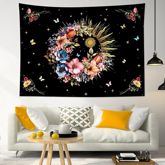 EOBTAIN Boho Floral Tapestry Wall Hanging Colorful Butterfly and Flower Botanical on Black Fabric Wall Tapestry for Bedroom Retro Hippie Sun Tapestries for Living Room Dorm Home Decor,80"x60"