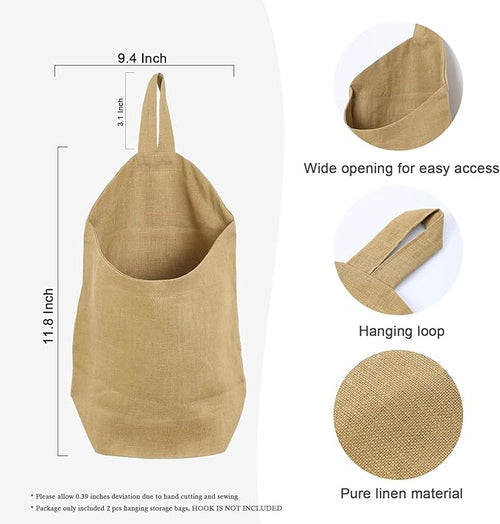 100% Linen Hanging Storage Bags Baskets 2 Pcs, Small Wall Storage Bag for Kitchen, Bedroom, RV Camper Organizer, Sewing Room, Nursery Storage, Kids Room, Dark Yellow