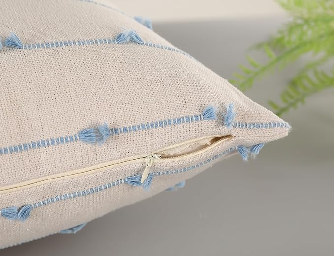 Set of 2 Boho Throw Pillow Covers 24x24,Light Blue and White Neutral Couch Pillow Case with Tassel Fringe Decorative,Modern Accent Farmhouse Cushion Covers for Sofa Couch Bed Living Room