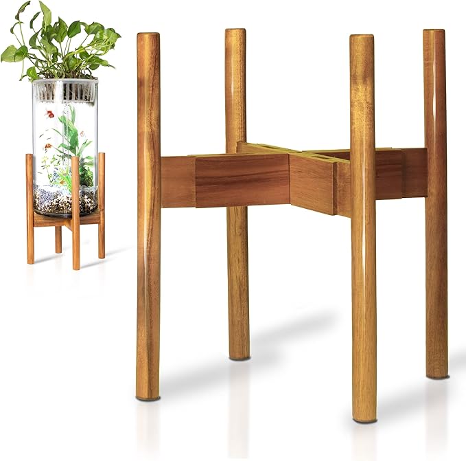 Acacia Hardwood Adjustable Plant Stand Indoor, Planter Stand Pot, Mid Century Modern Planter Holder for Indoor Plants, Outdoor Pedestal fits 8 9 10 11 12 Inches Pots, Wooden Pedestal Only