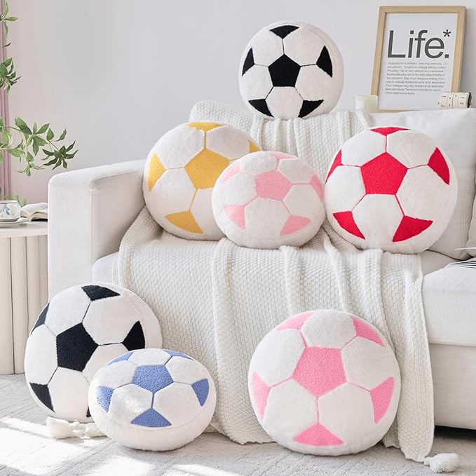 Soccer Pillow,15" Soccer Shaped Pillow Floor Cushion Seating Cushion with Faux Rabbit Fur,Round Soccer Throw Pillow Room Décor for Sofa Couch Living Room (Red)