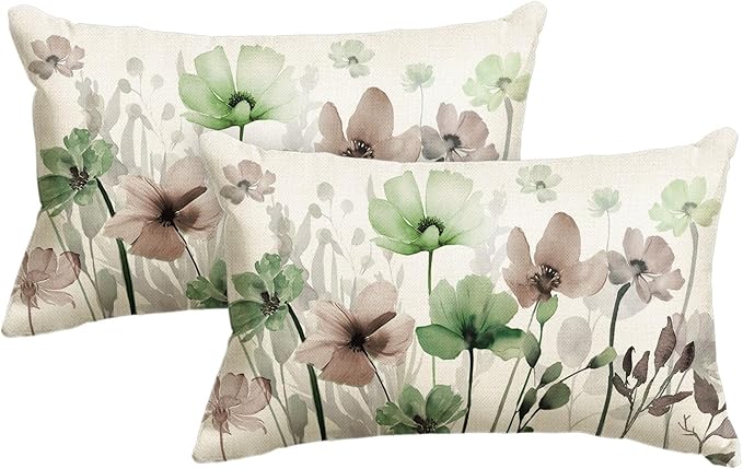 AVOIN colorlife Poppy Flowers Chinoiserie Throw Pillow Covers, 12 x 20 Inch Sage Green Brown Seasonal Leaves Cushion Case Decoration for Sofa Couch Set of 2