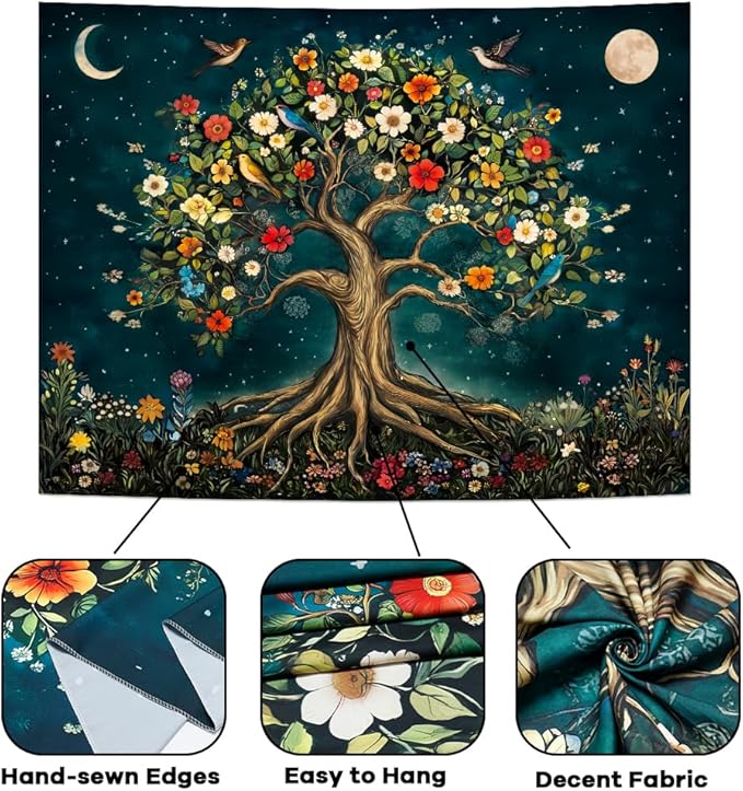Amtoodopin Tree of Life Tapestry Mystic Boho Flowers Tapestry Vintage Aesthetic Tree Wall Tapestries Retro Nature Floral Plants Tapestries Wall Hanging for Bedroom