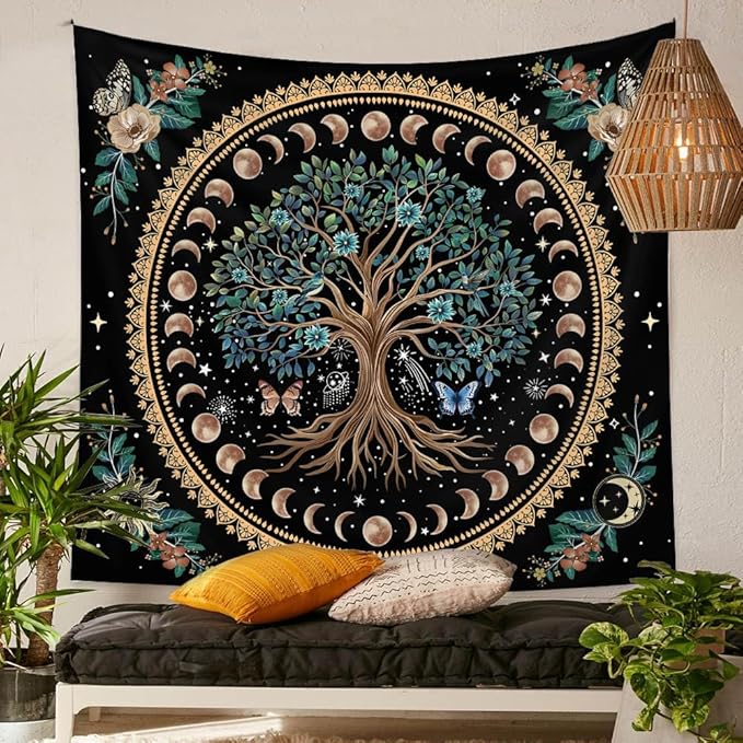 Jhdstore Moon Phase Tree of Life Tapestry Mandala Tapestry for Bedroom Aesthetic Celestial Decor Boho Spiritual Tapestries Wall Hanging Living Room Decor 36"x48"