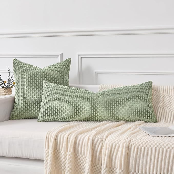 Kevin Textile Spring 14x36 Inch Long Lumbar 1 Pack Boho Decorative Throw Pillow Cover Soft Striped Corduroy Rectangle Cushion Case Farmhouse Solid Accent for Living Room Couch Sofa Bed, Sage Green