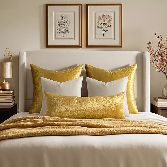 MIULEE 28x28 Inch Euro Sham Velvet Pillow Covers, Set of 2 Large Square Decorative Pillows -Golden Super Soft for King Bed, Sofa, Couch, Accent Chairs with Hidden Zipper