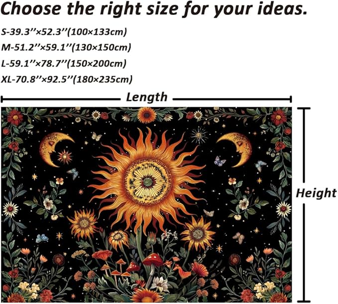 Serborlur Boho Sunflower Tapestry Hippie Moon Tapestry for Bedroom Colorful Botanical Floral Plant Wall Tapestries Aesthetic Vintage Wall Hanging for Living Room Dorm Decor