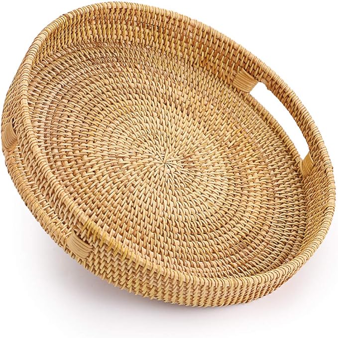 Hipiwe Round Rattan Serving Tray with Handles, Hand-Woven Decorative Organizer Tray for Storage Breakfast Drinks Snack, Centerpiece Fruit Basket for Home Decoration,Large